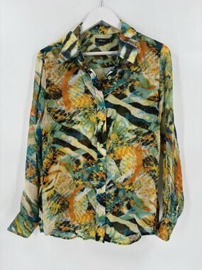 Pure Amici Button Up Womens Medium Multicolor Silk Sheer Long Sleeves Abstract